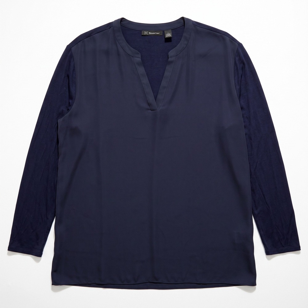 INC XXL Navy Blue Mixed Media V-Neck Tunic Top Womens Casual Minimalist